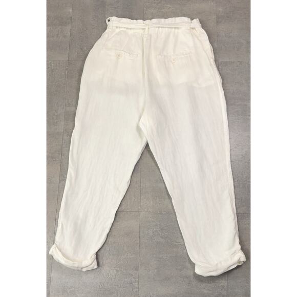 Free People White Paperbag High Waist Belted Linen Pant Womens Large Tapered Leg - Picture 10 of 10